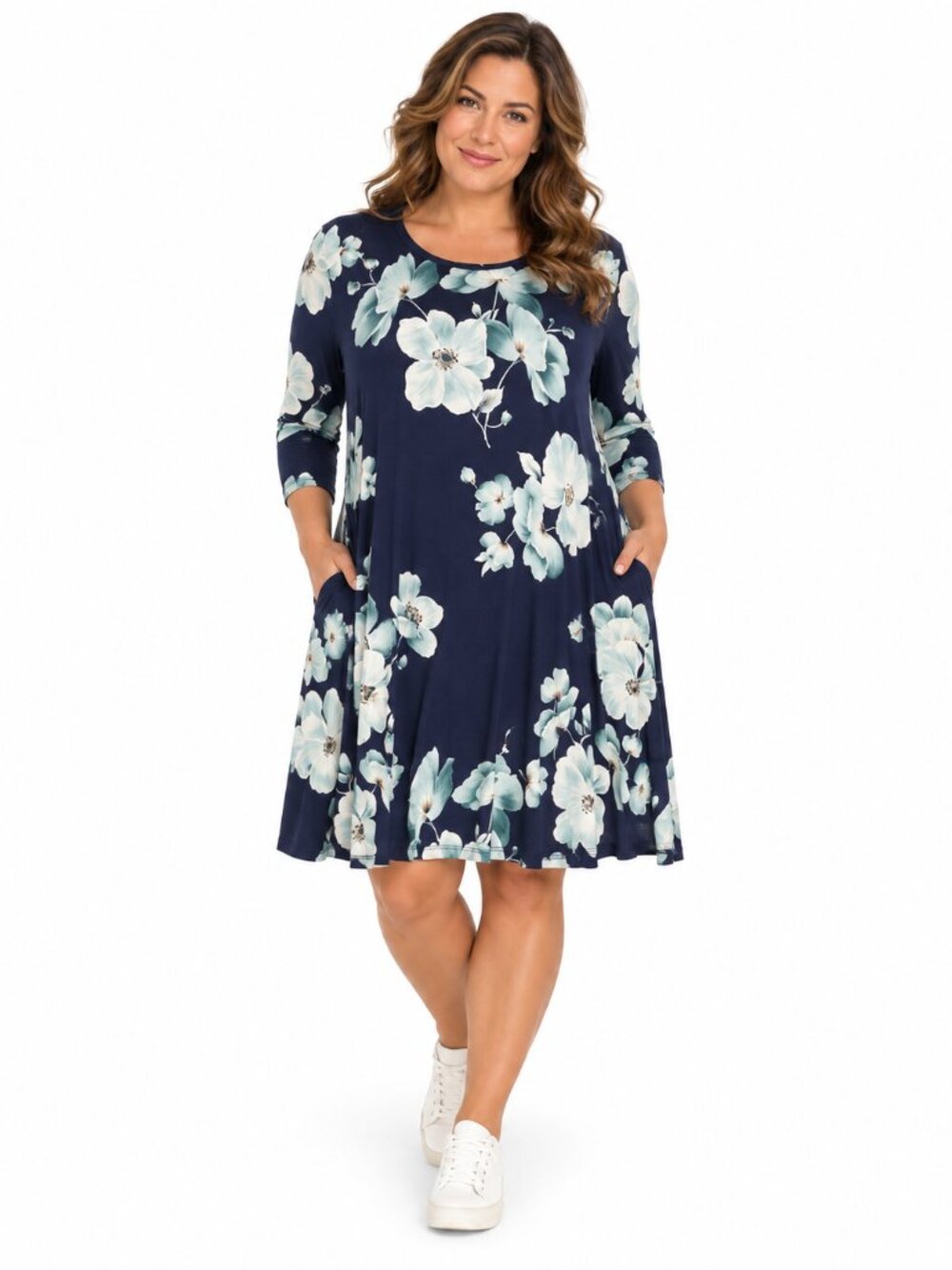 Dear Scarlett Floral Swing Dress Women L Navy Stretch Pockets 3/4 Sleeve
